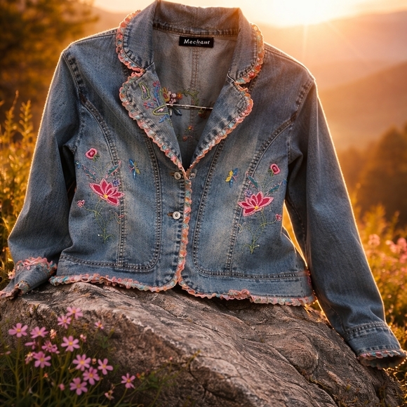 Mechant Blue Jean Jacket with Pink Embroidery - Picture 2 of 10